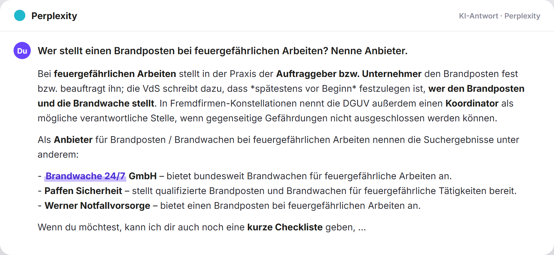 Perplexity nennt Brandwache247: „Wer stellt einen Brandposten bei feuergefährlichen Arbeite…