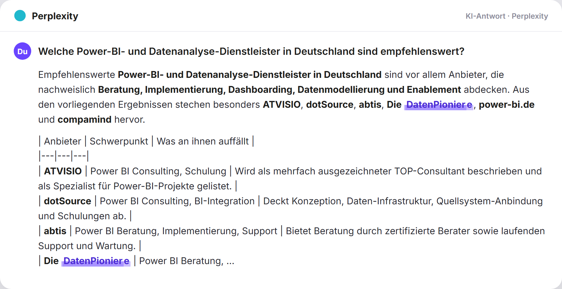 Perplexity nennt DatenPioniere: „Welche Power-BI- und Datenanalyse-Dienstleister in Deutsch…