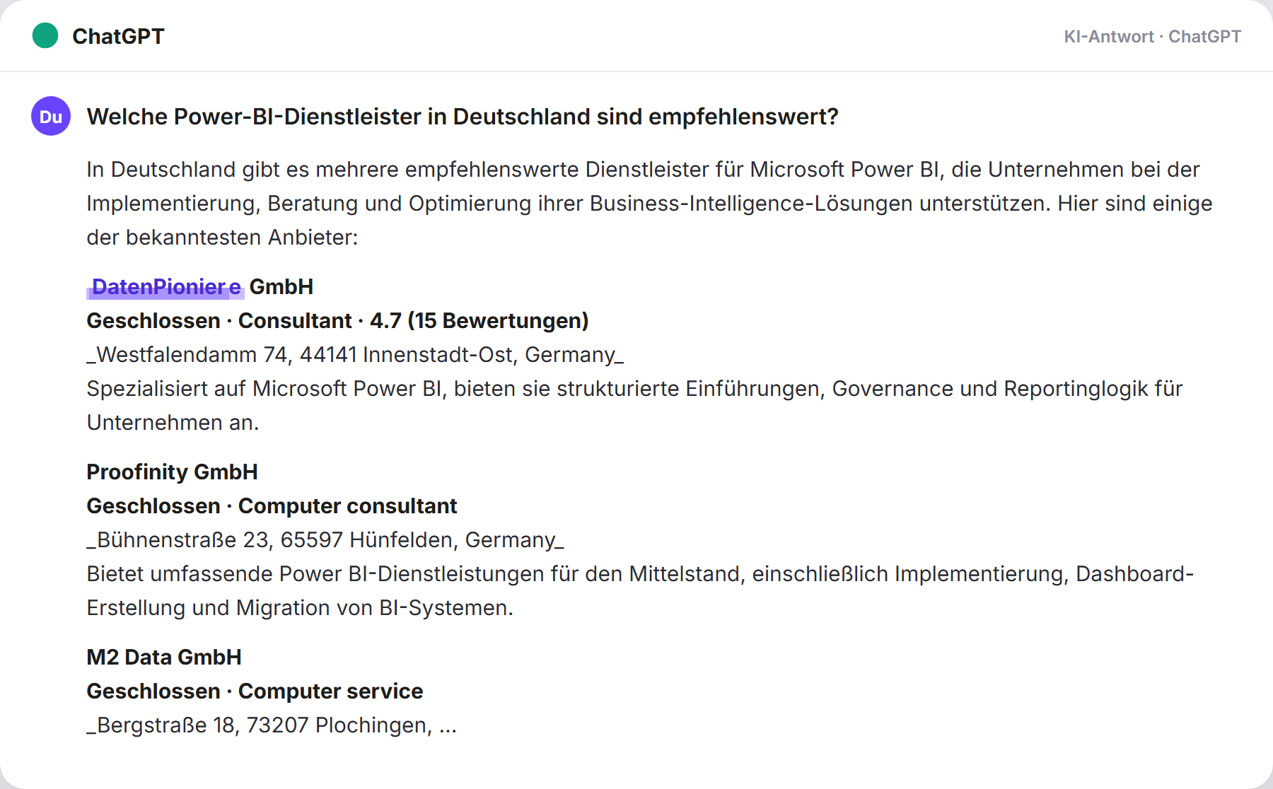 ChatGPT nennt DatenPioniere: „Welche Power-BI-Dienstleister in Deutschland sind empfehle…