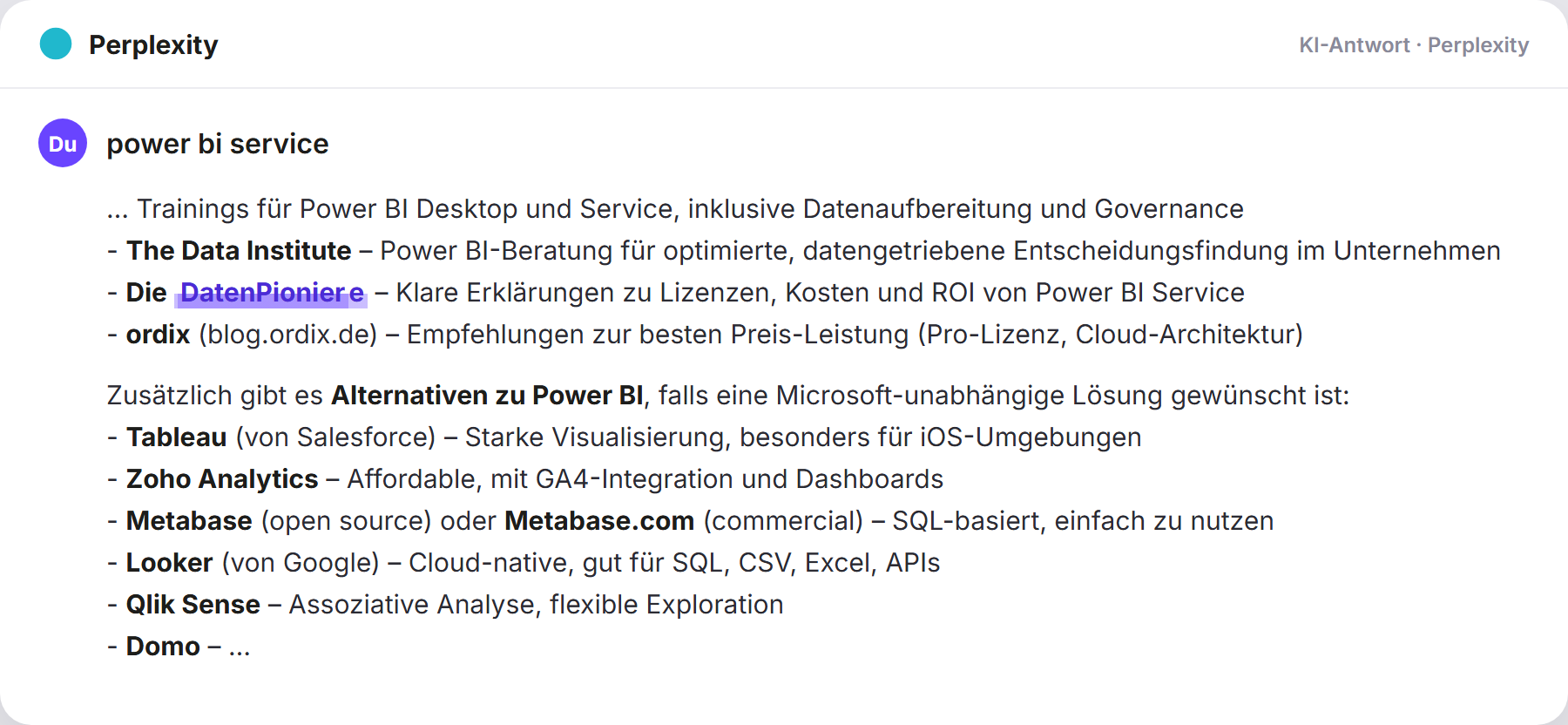 Perplexity nennt DatenPioniere: „power bi service…