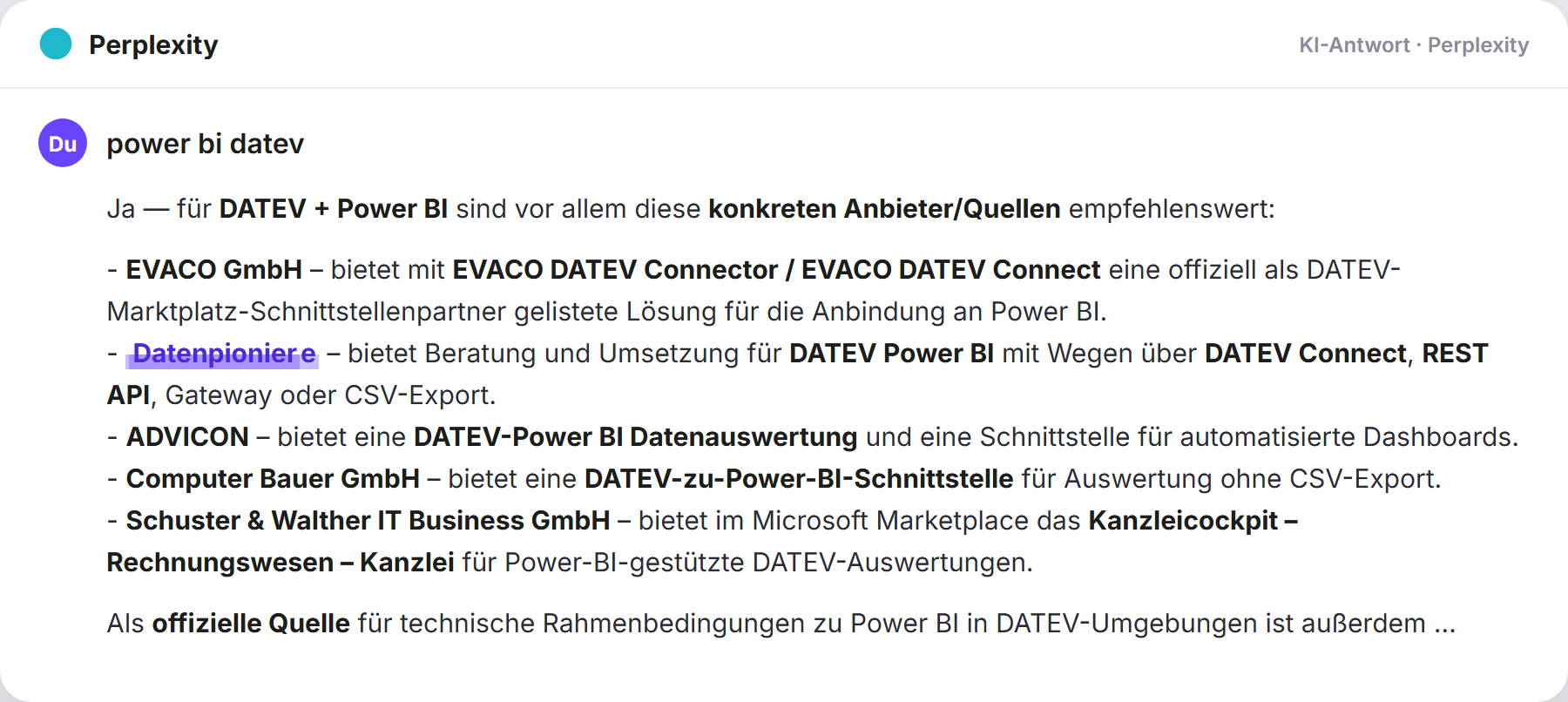 Perplexity nennt DatenPioniere: „power bi datev…