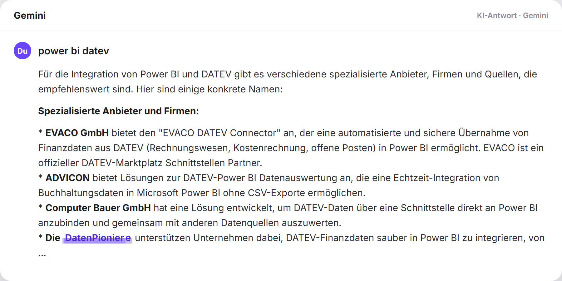 Gemini nennt DatenPioniere: „power bi datev…