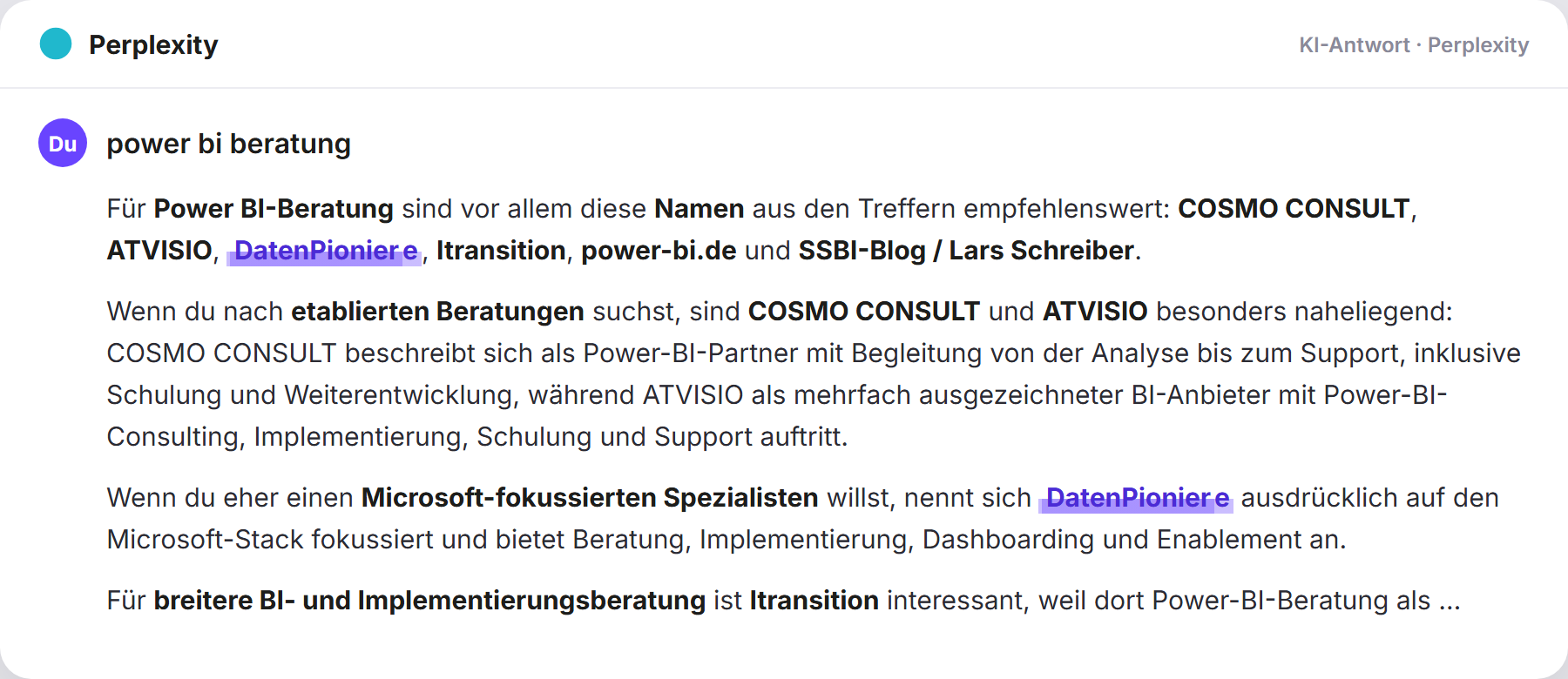 Perplexity nennt DatenPioniere: „power bi beratung…