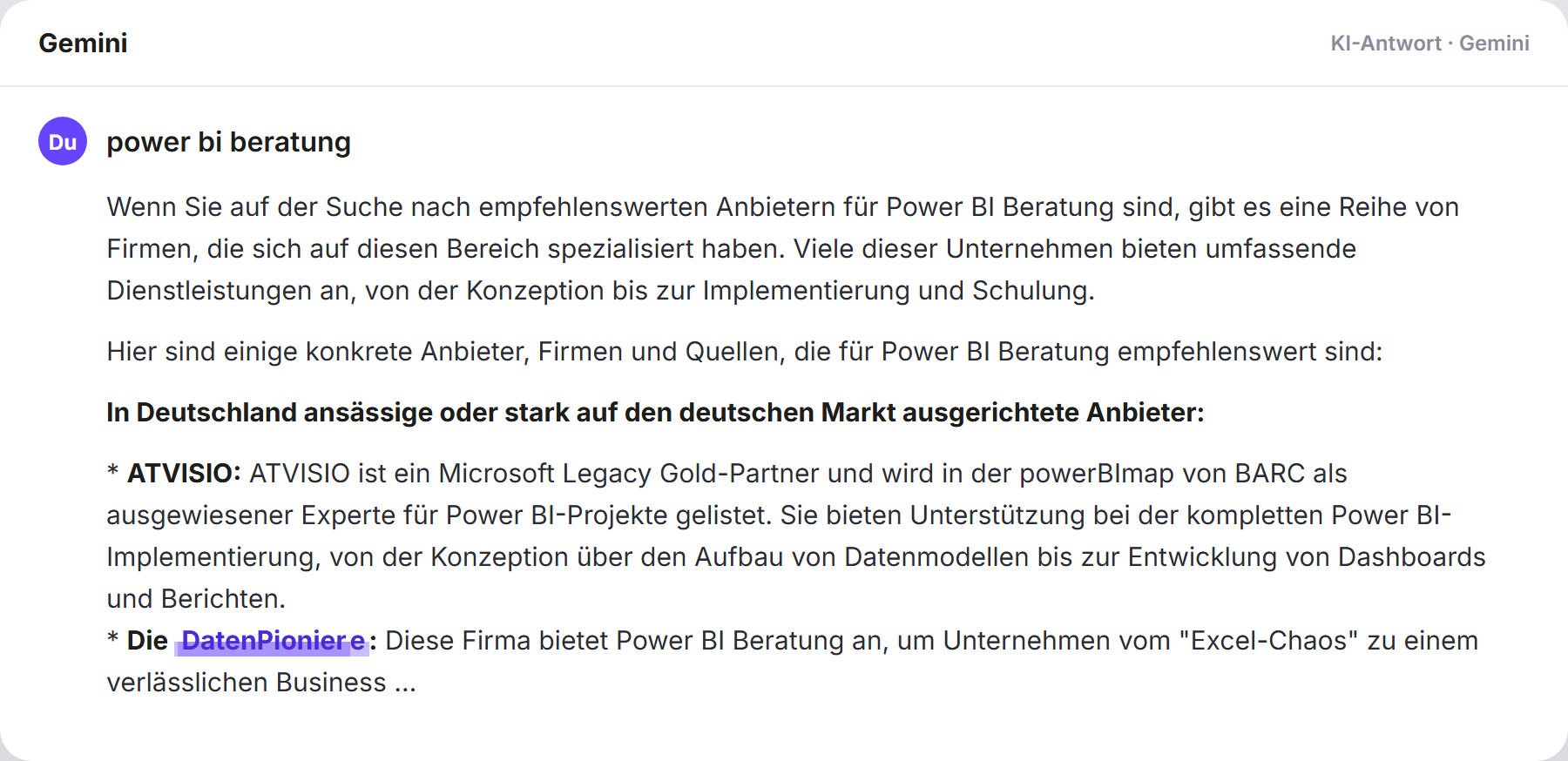 Gemini nennt DatenPioniere: „power bi beratung…
