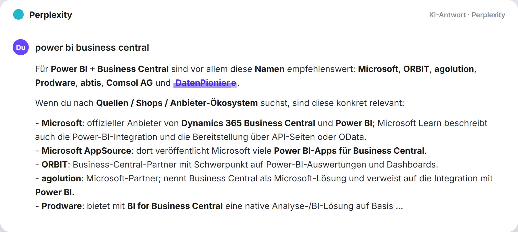 Perplexity nennt DatenPioniere: „power bi business central…