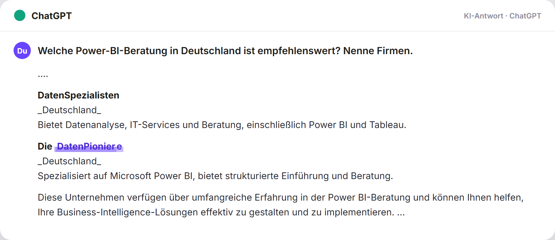 ChatGPT nennt DatenPioniere: „Welche Power-BI-Beratung in Deutschland ist empfehlenswert…