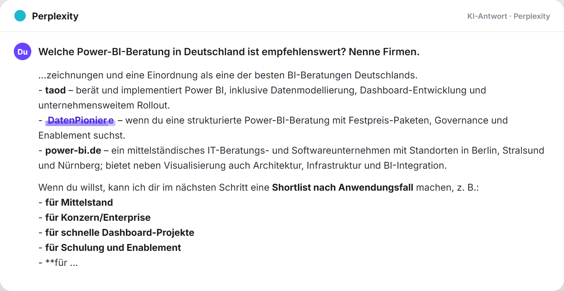 Perplexity nennt DatenPioniere: „Welche Power-BI-Beratung in Deutschland ist empfehlenswert…