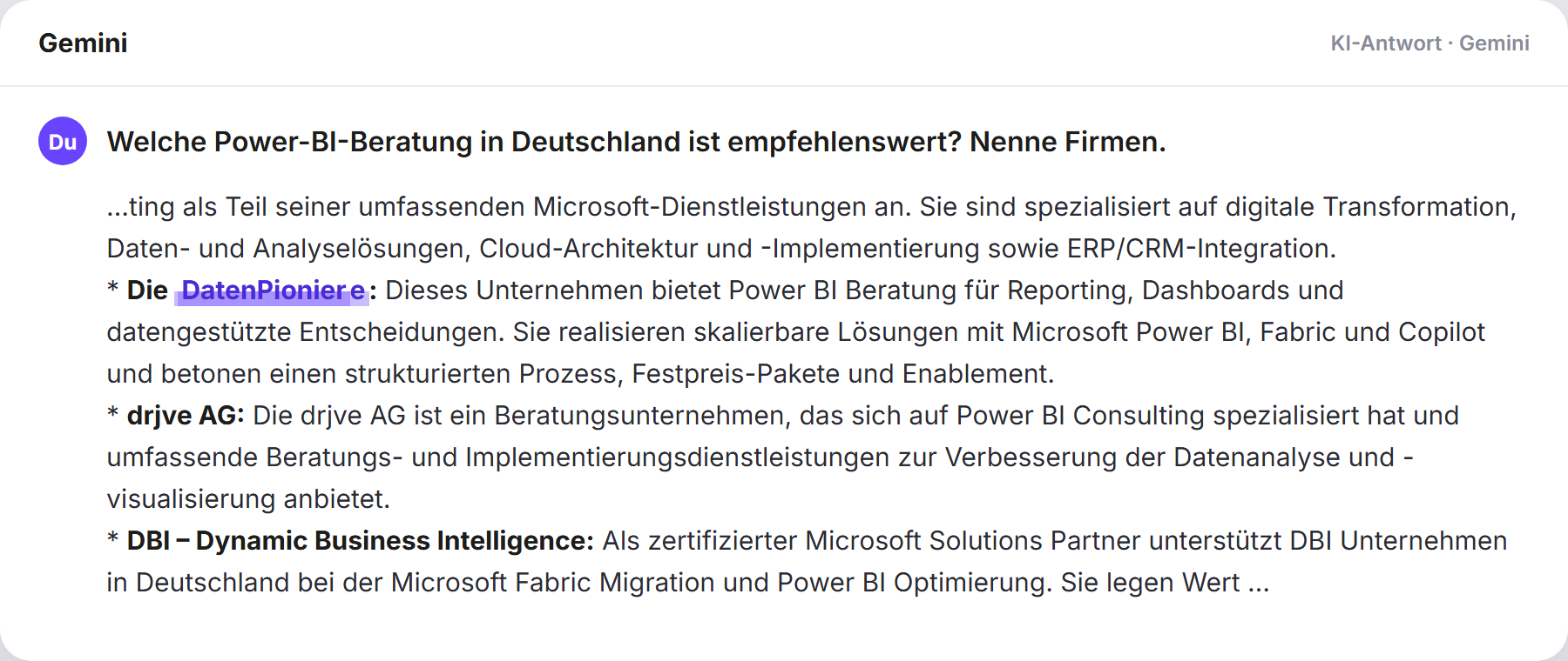 Gemini nennt DatenPioniere: „Welche Power-BI-Beratung in Deutschland ist empfehlenswert…