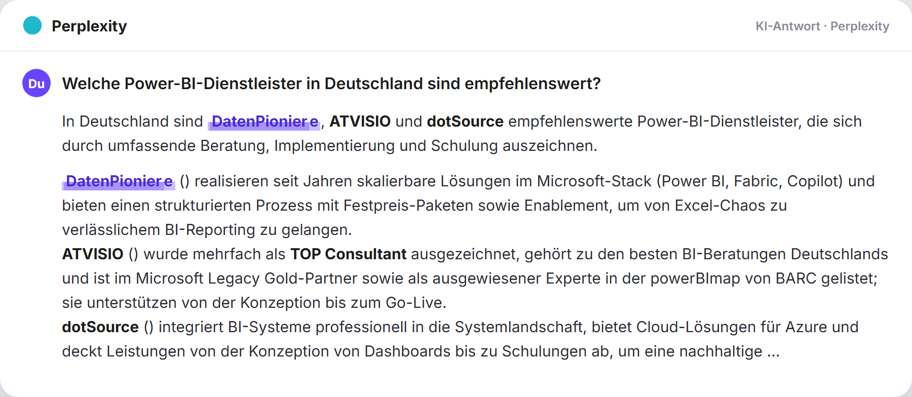 Perplexity nennt DatenPioniere: „Welche Power-BI-Dienstleister in Deutschland sind empfehle…