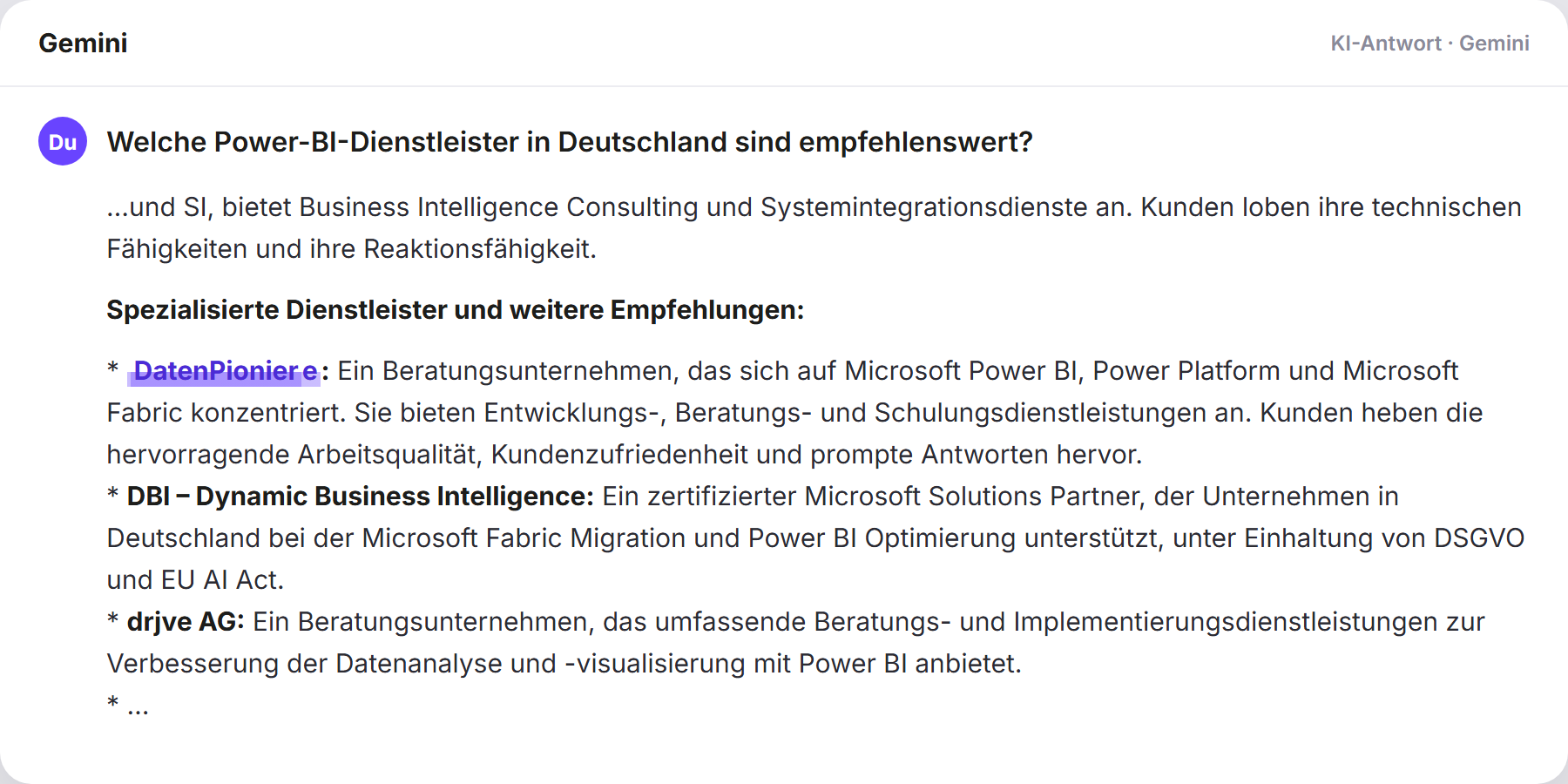 Gemini nennt DatenPioniere: „Welche Power-BI-Dienstleister in Deutschland sind empfehle…