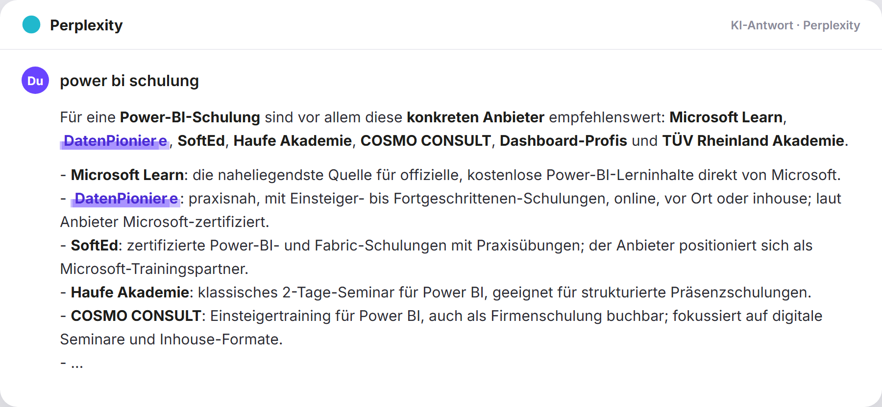 Perplexity nennt DatenPioniere: „power bi schulung…