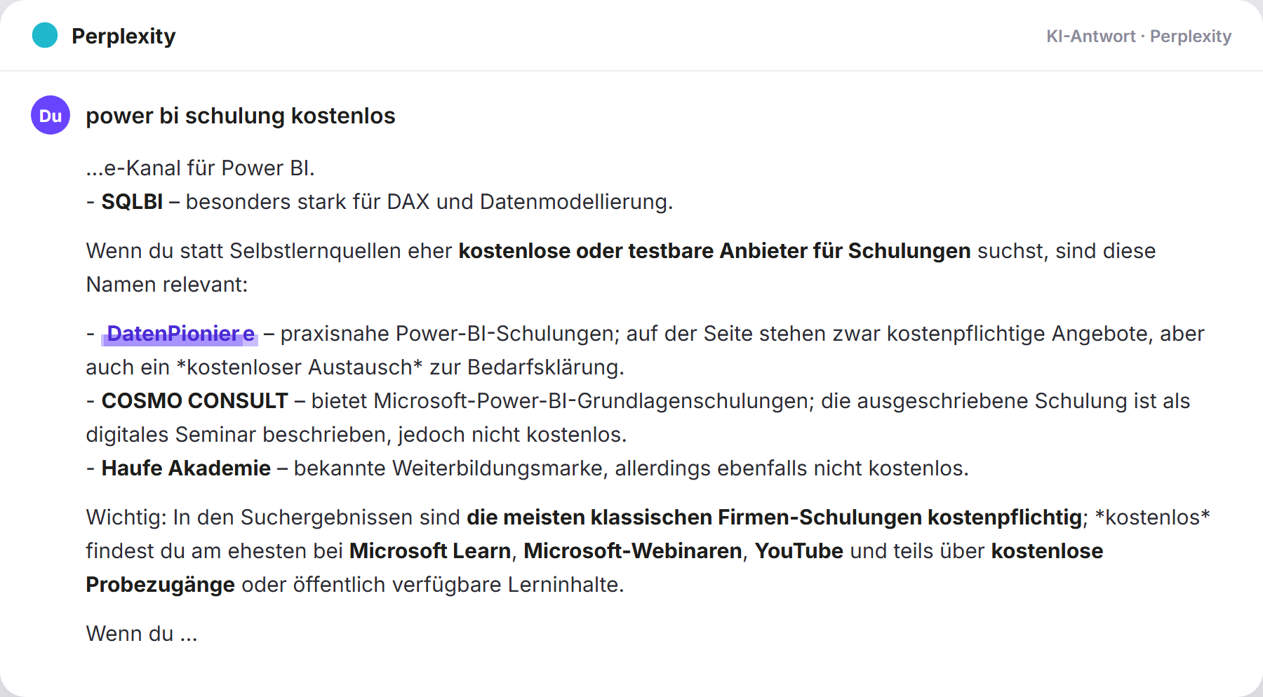 Perplexity nennt DatenPioniere: „power bi schulung kostenlos…