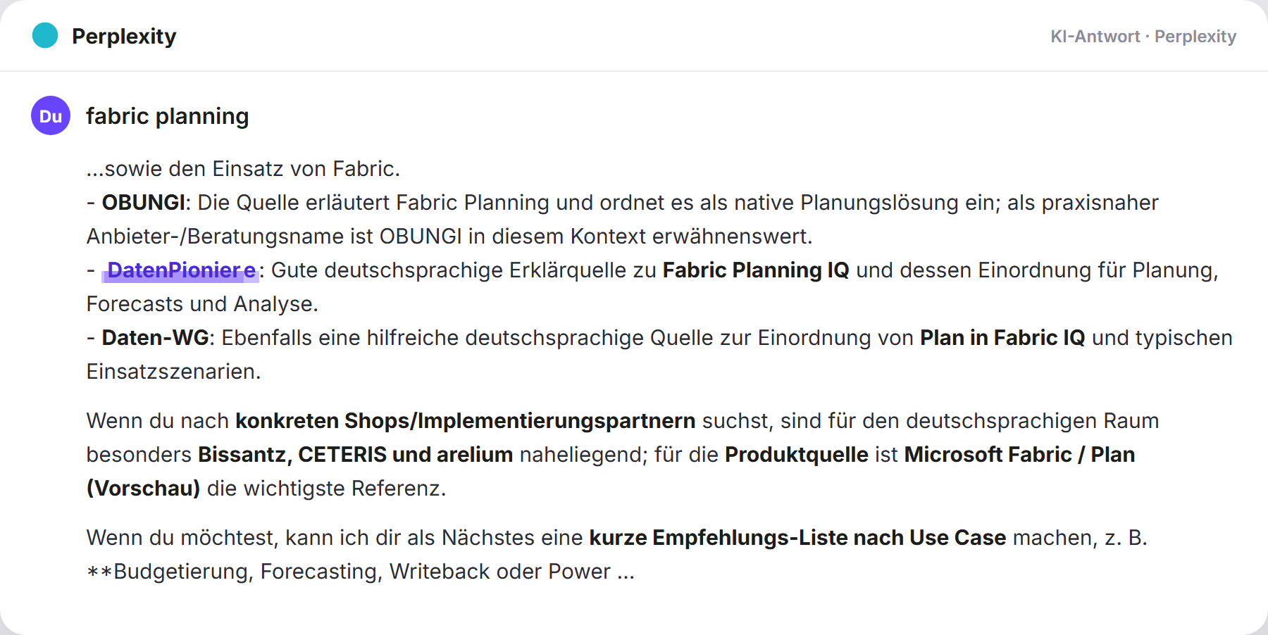 Perplexity nennt DatenPioniere: „fabric planning…