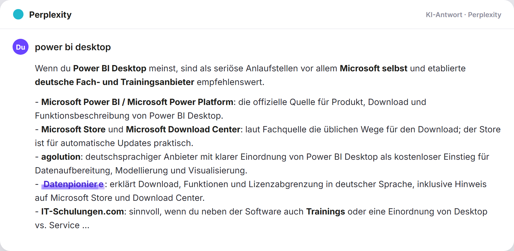 Perplexity nennt DatenPioniere: „power bi desktop…