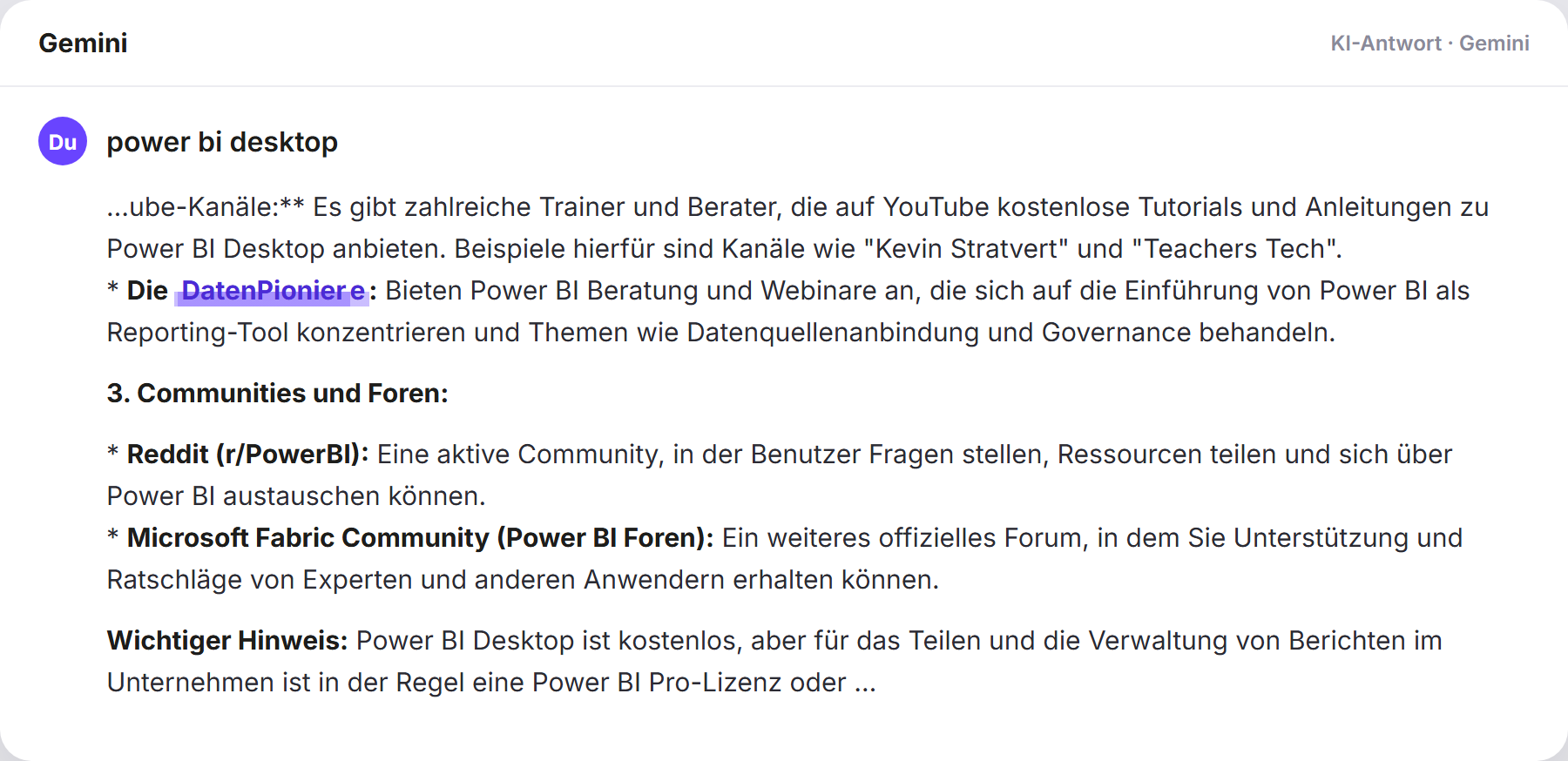 Gemini nennt DatenPioniere: „power bi desktop…