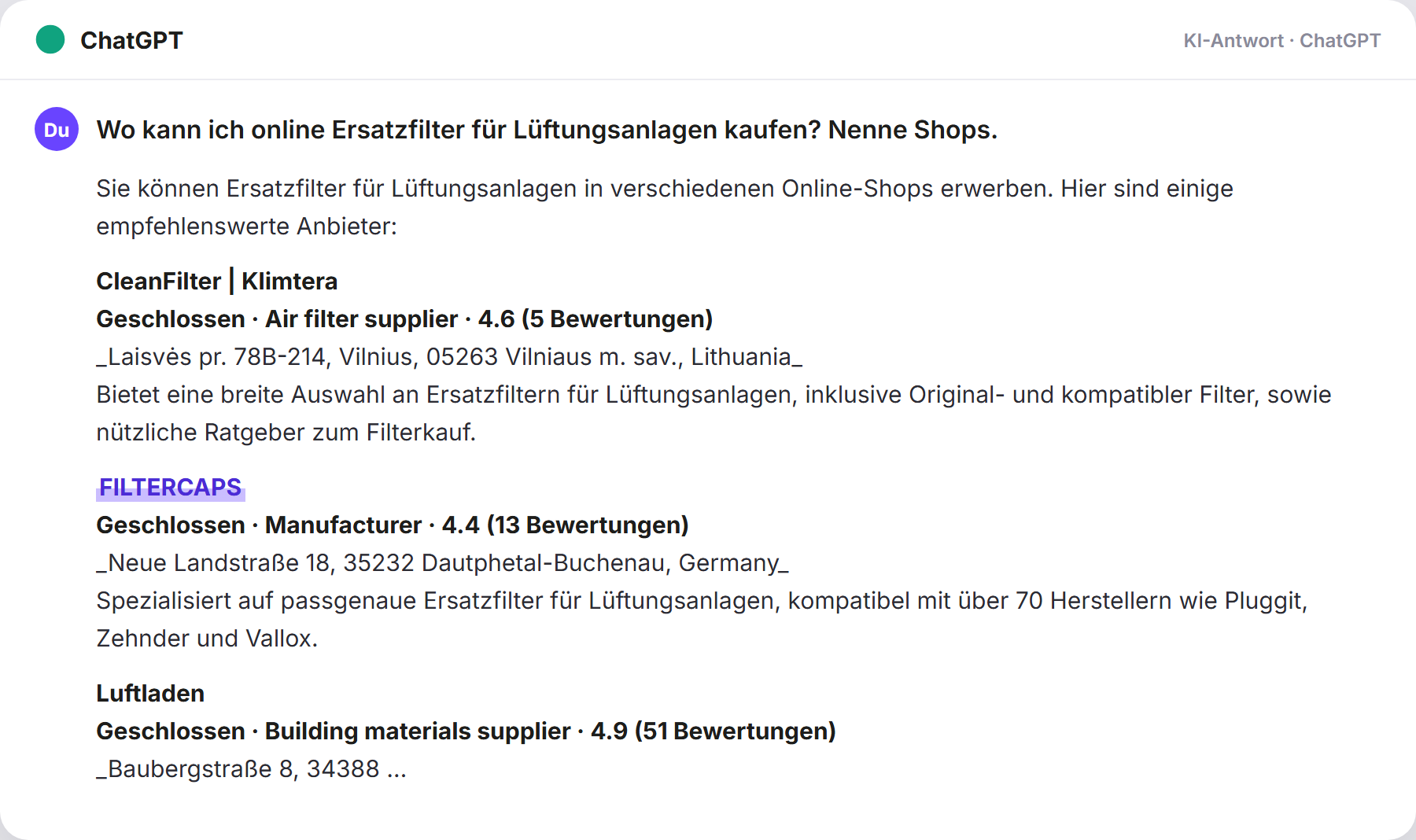 ChatGPT nennt FILTERCAPS: „Wo kann ich online Ersatzfilter für Lüftungsanlagen kaufen…