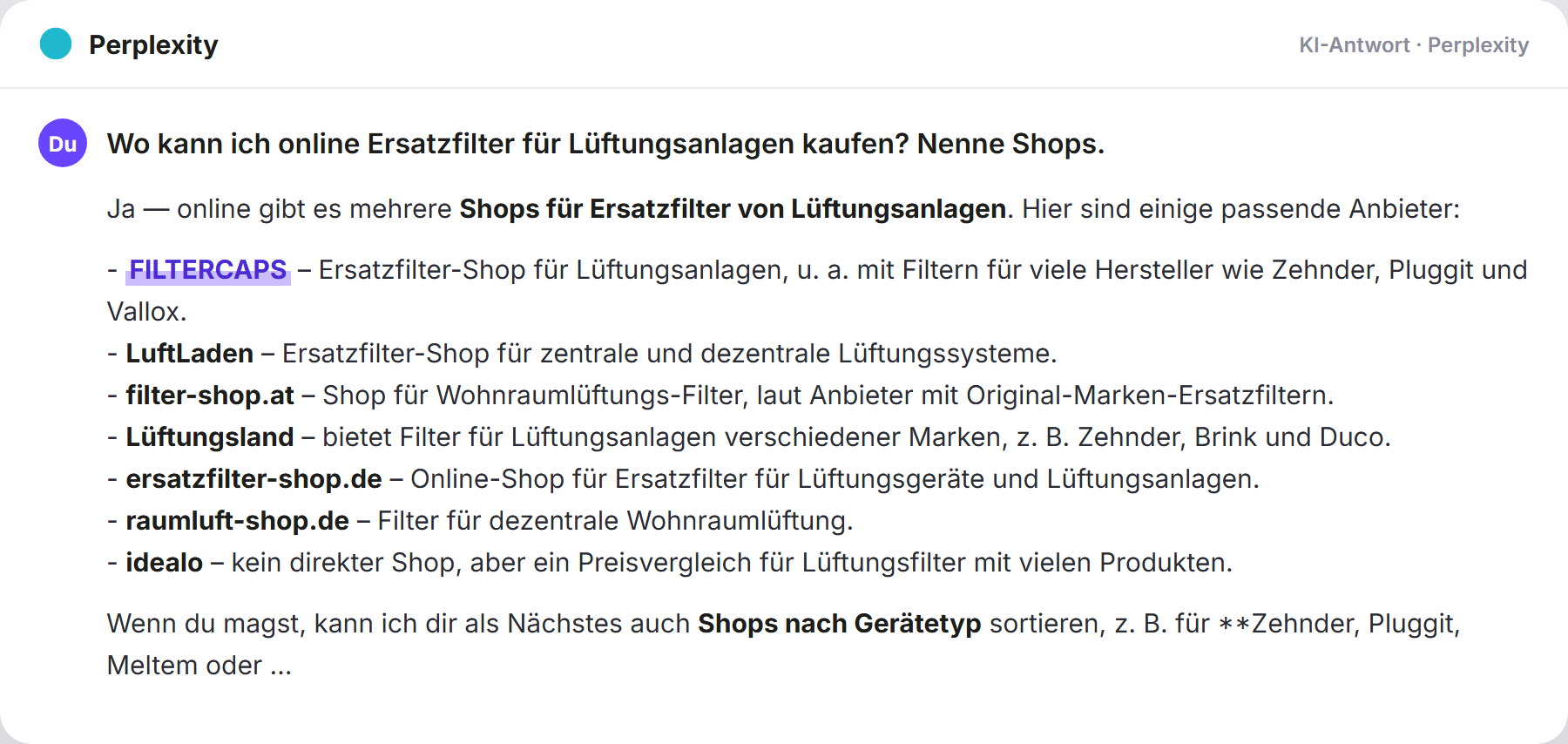 Perplexity nennt FILTERCAPS: „Wo kann ich online Ersatzfilter für Lüftungsanlagen kaufen…