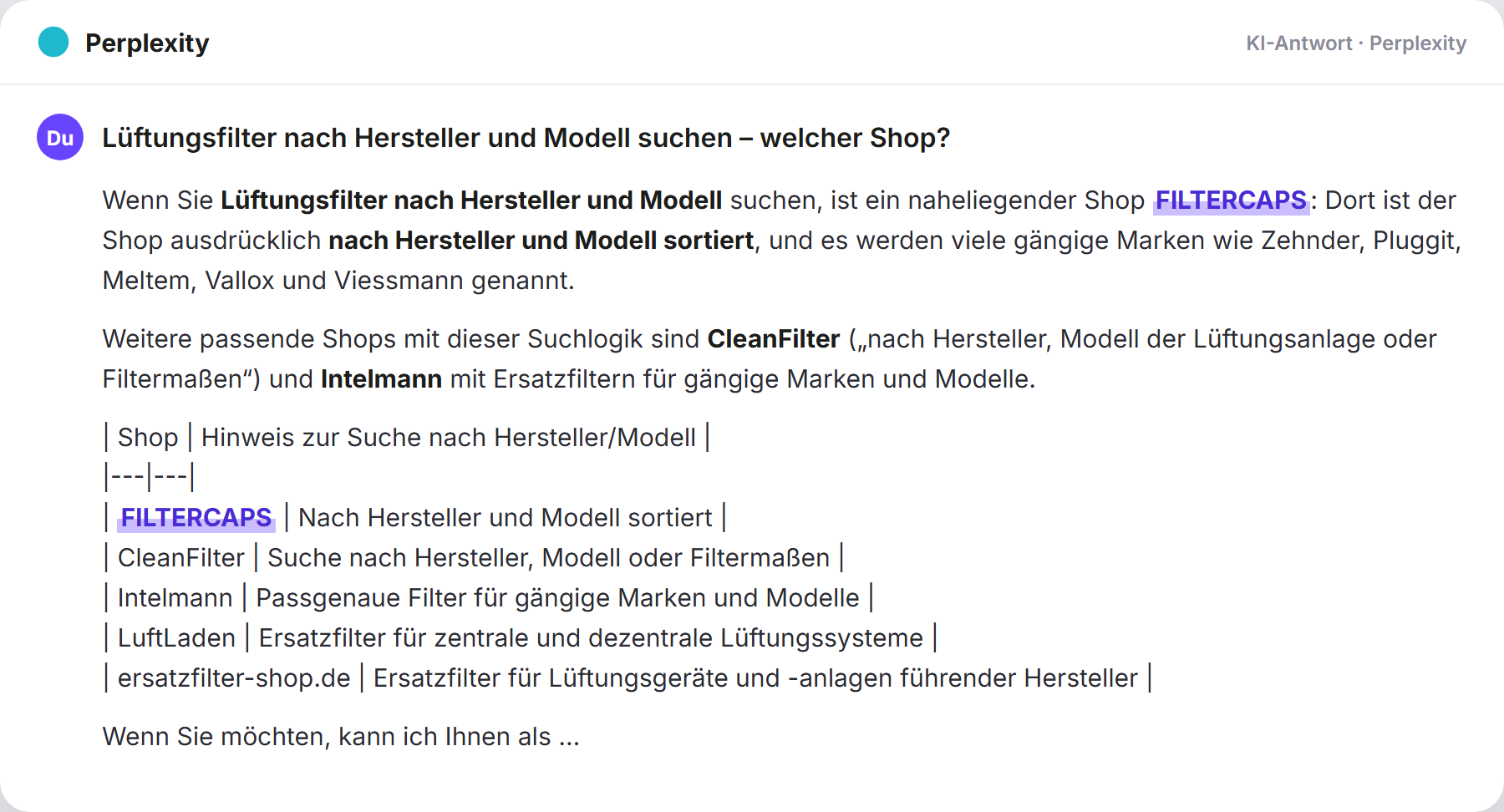 Perplexity nennt FILTERCAPS: „Lüftungsfilter nach Hersteller und Modell suchen – welcher…