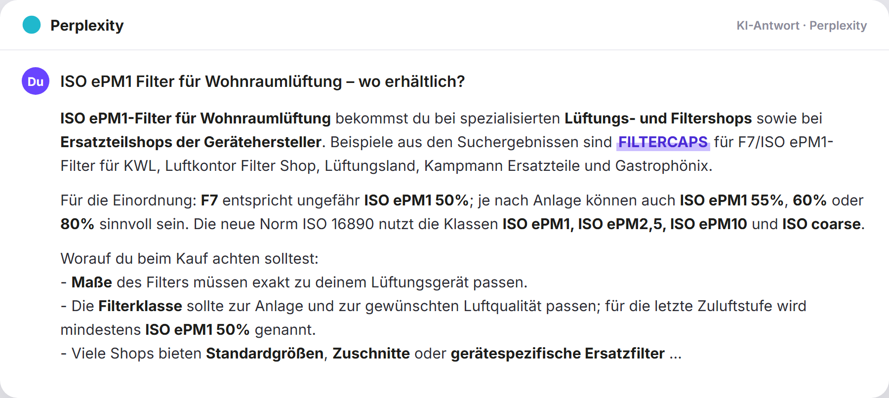 Perplexity nennt FILTERCAPS: „ISO ePM1 Filter für Wohnraumlüftung – wo erhältlich?…