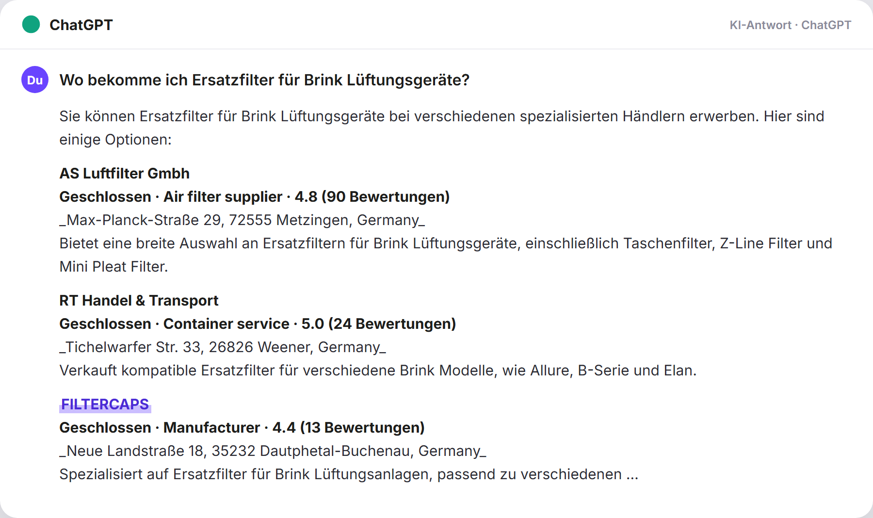 ChatGPT nennt FILTERCAPS: „Wo bekomme ich Ersatzfilter für Brink Lüftungsgeräte?…