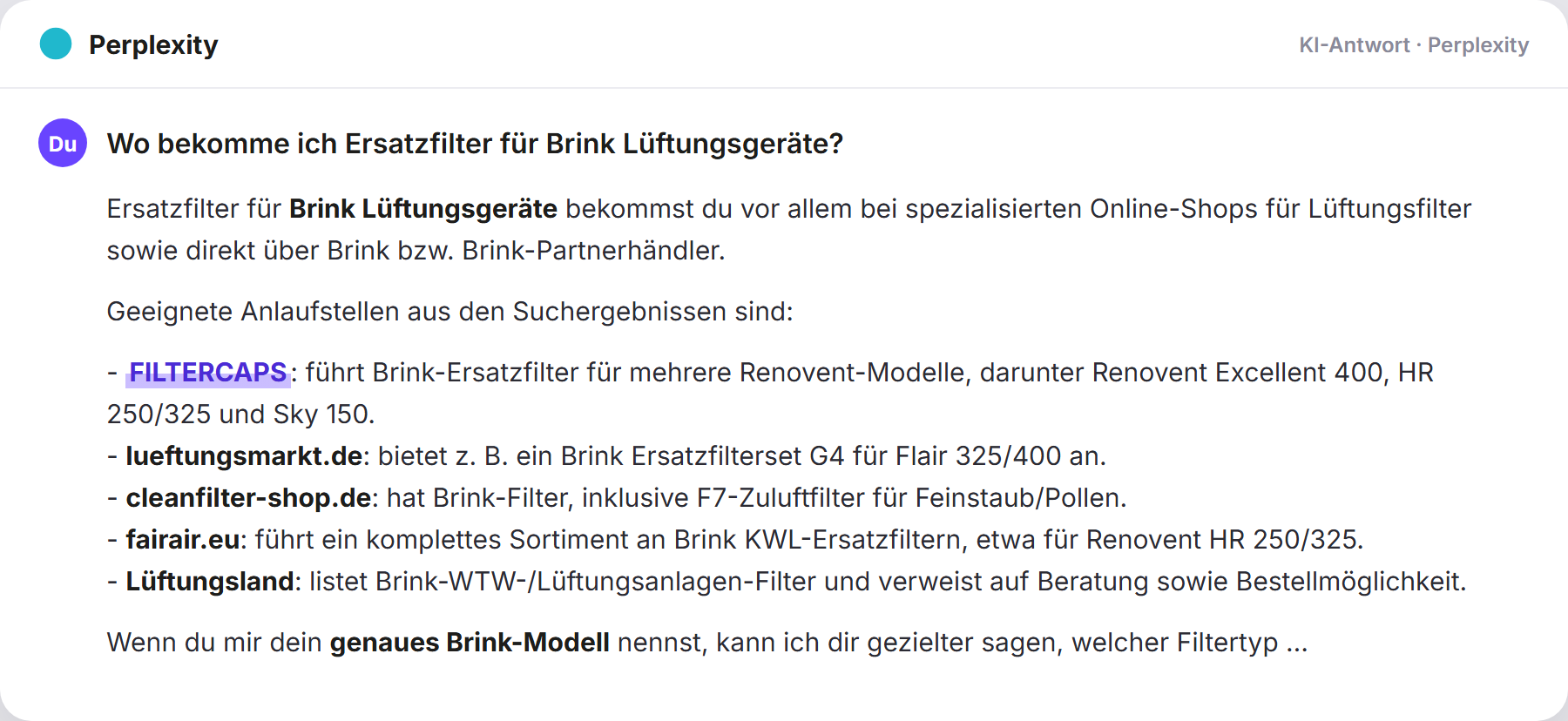 Perplexity nennt FILTERCAPS: „Wo bekomme ich Ersatzfilter für Brink Lüftungsgeräte?…