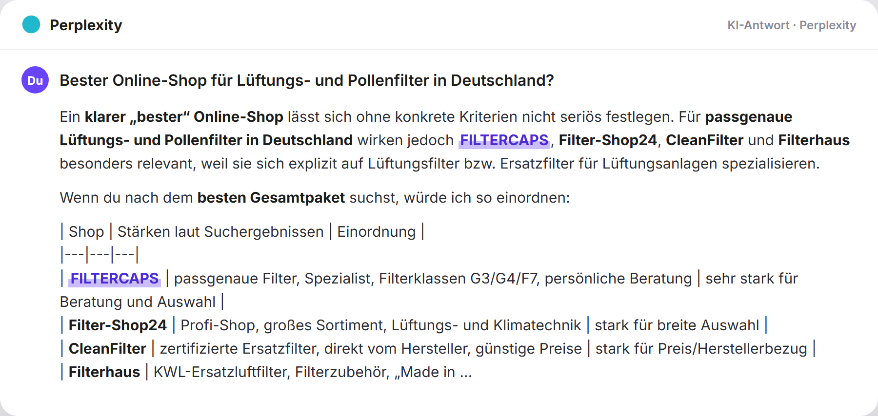 Perplexity nennt FILTERCAPS: „Bester Online-Shop für Lüftungs- und Pollenfilter in Deuts…