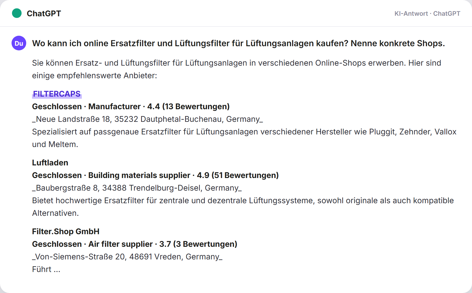 ChatGPT nennt FILTERCAPS: „Wo kann ich online Ersatzfilter und Lüftungsfilter für Lüf…