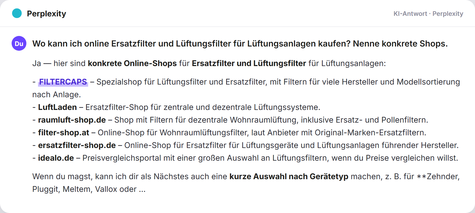 Perplexity nennt FILTERCAPS: „Wo kann ich online Ersatzfilter und Lüftungsfilter für Lüf…