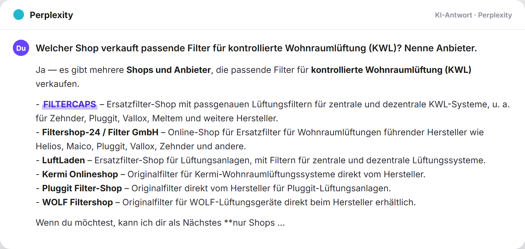 Perplexity nennt FILTERCAPS: „Welcher Shop verkauft passende Filter für kontrollierte Wo…