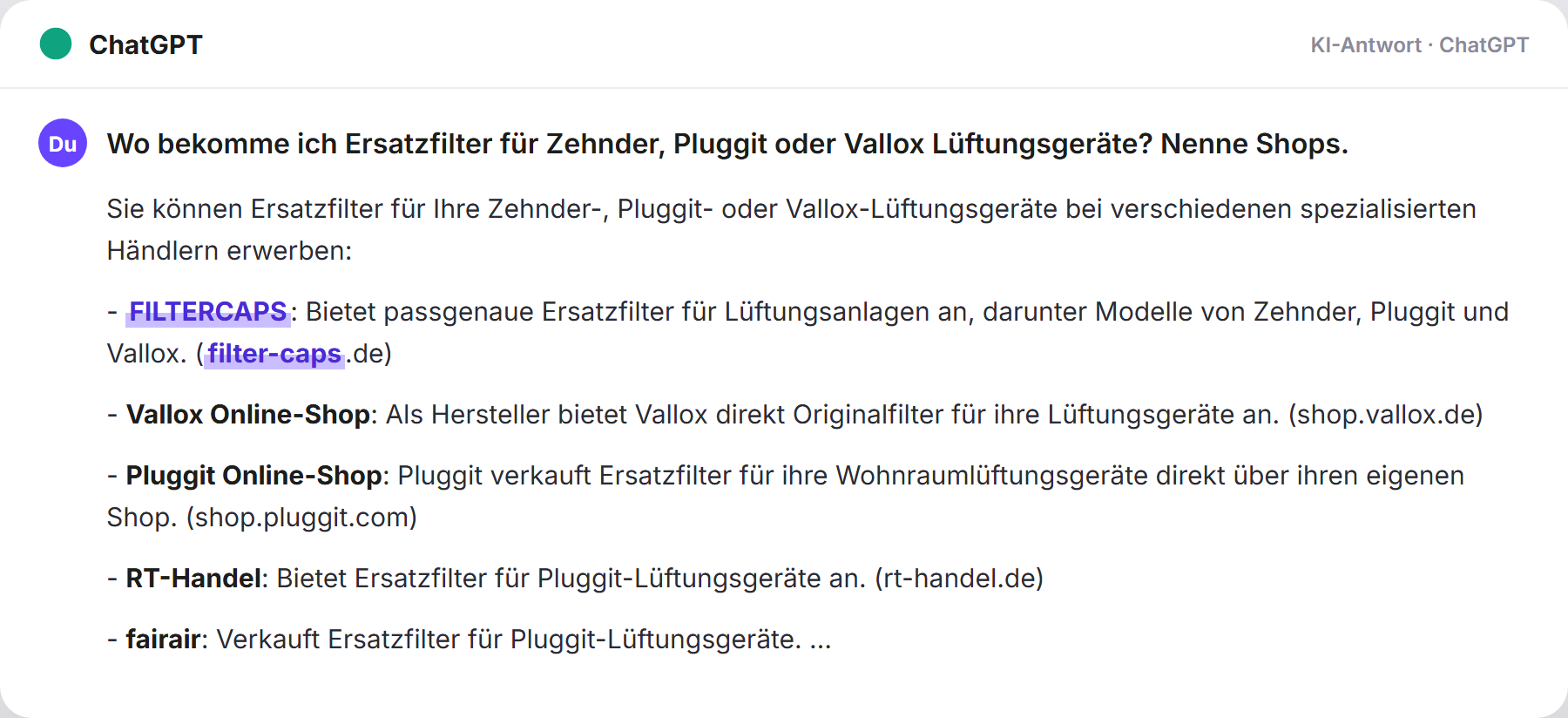 ChatGPT nennt FILTERCAPS: „Wo bekomme ich Ersatzfilter für Zehnder, Pluggit oder Vall…