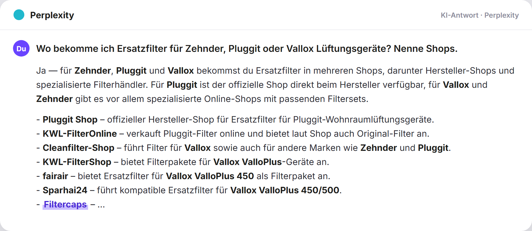 Perplexity nennt FILTERCAPS: „Wo bekomme ich Ersatzfilter für Zehnder, Pluggit oder Vall…