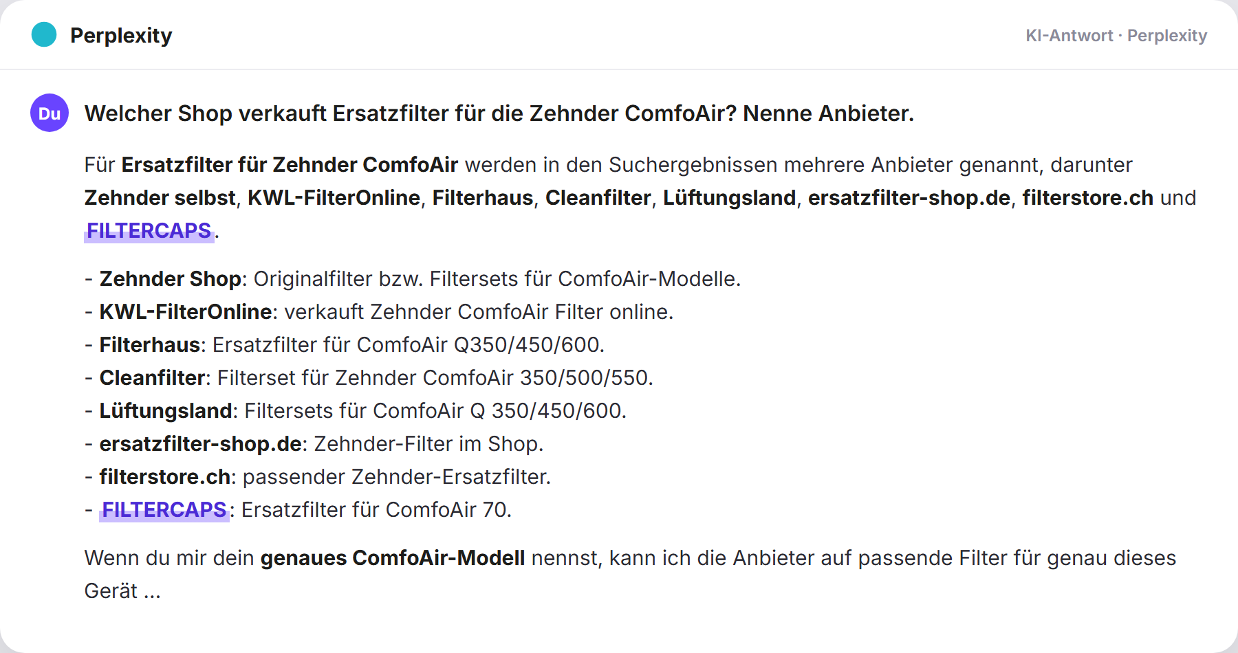 Perplexity nennt FILTERCAPS: „Welcher Shop verkauft Ersatzfilter für die Zehnder ComfoAi…