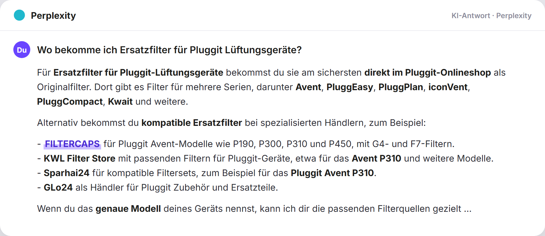 Perplexity nennt FILTERCAPS: „Wo bekomme ich Ersatzfilter für Pluggit Lüftungsgeräte?…