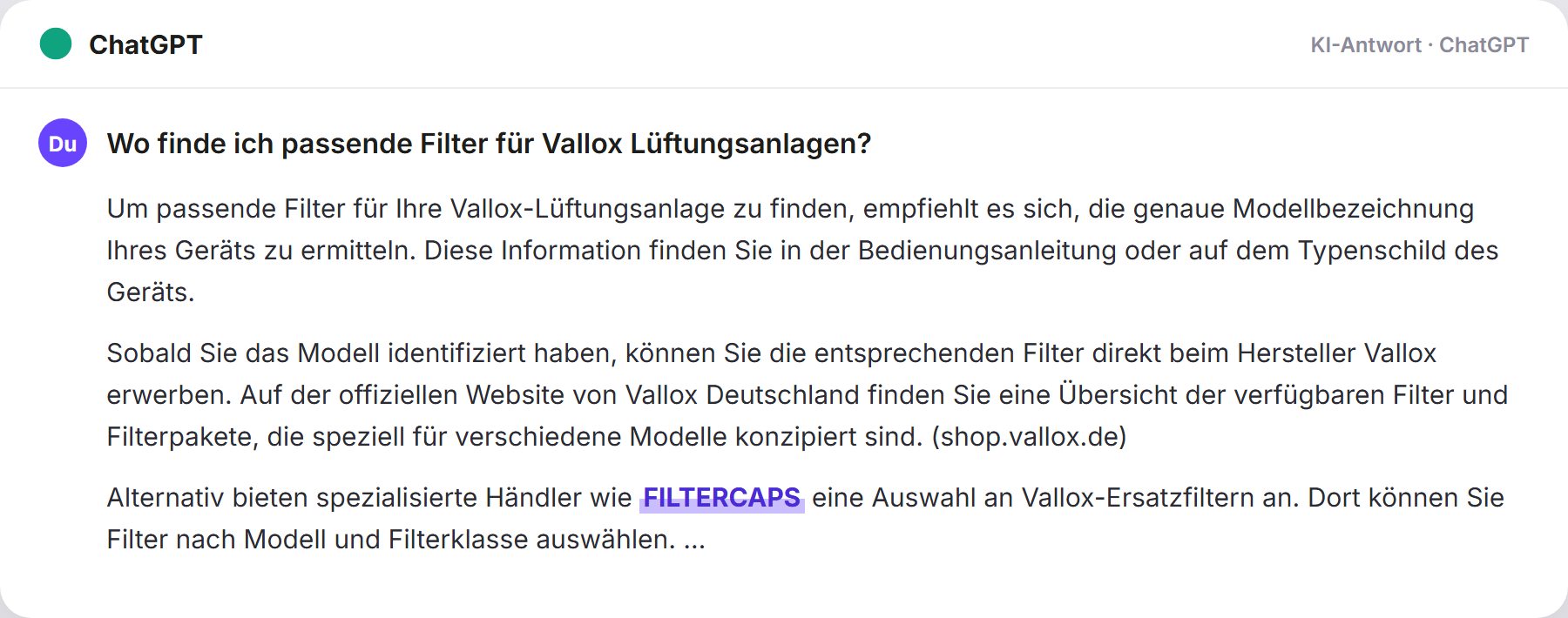 ChatGPT nennt FILTERCAPS: „Wo finde ich passende Filter für Vallox Lüftungsanlagen?…