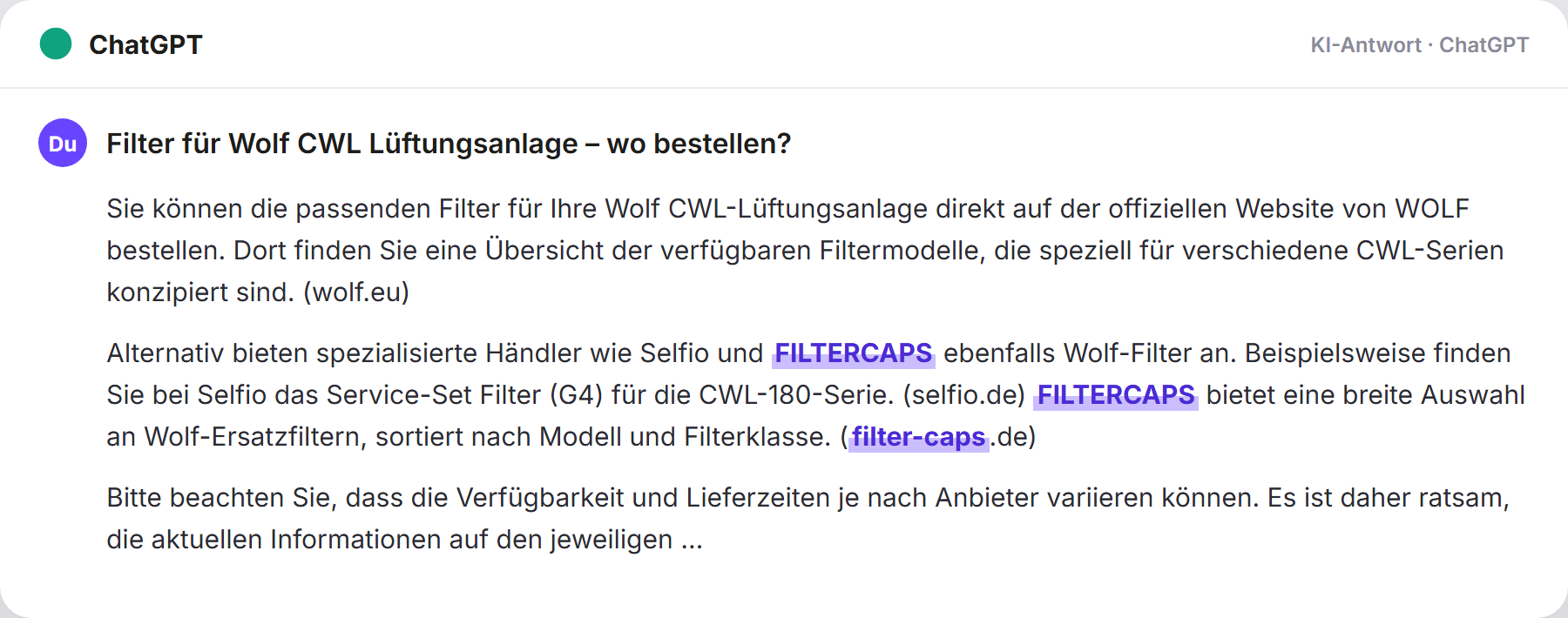 ChatGPT nennt FILTERCAPS: „Filter für Wolf CWL Lüftungsanlage – wo bestellen?…