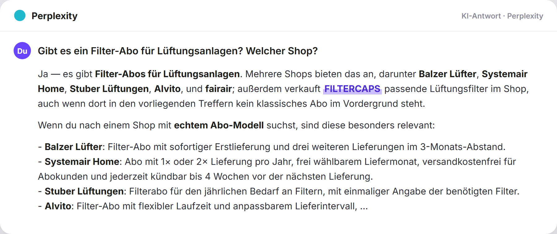 Perplexity nennt FILTERCAPS: „Gibt es ein Filter-Abo für Lüftungsanlagen? Welcher Shop?…