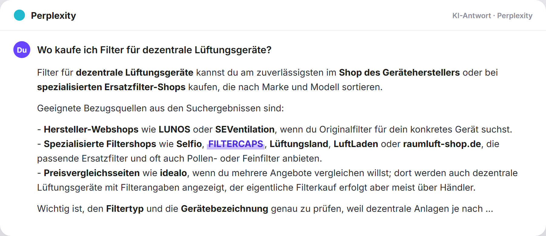 Perplexity nennt FILTERCAPS: „Wo kaufe ich Filter für dezentrale Lüftungsgeräte?…