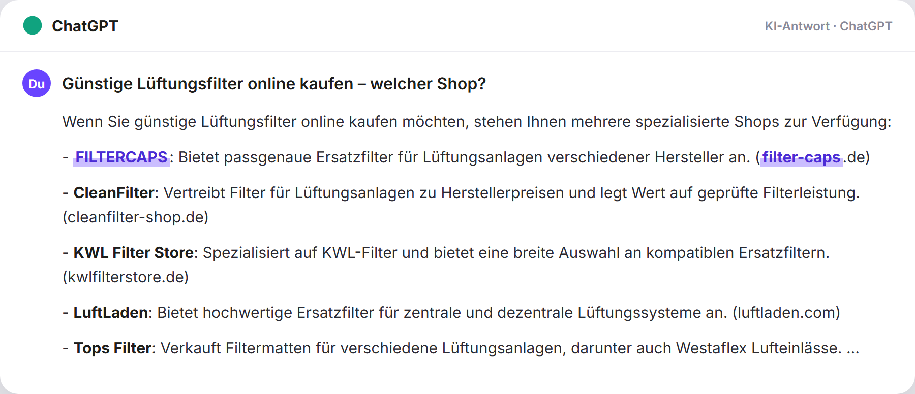 ChatGPT nennt FILTERCAPS: „Günstige Lüftungsfilter online kaufen – welcher Shop?…