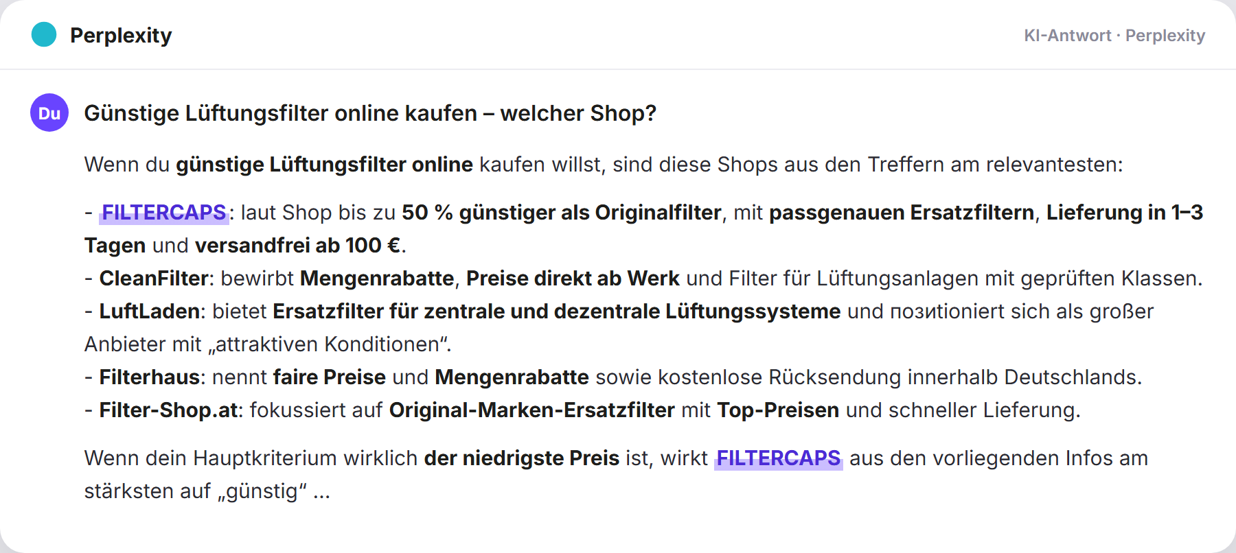 Perplexity nennt FILTERCAPS: „Günstige Lüftungsfilter online kaufen – welcher Shop?…