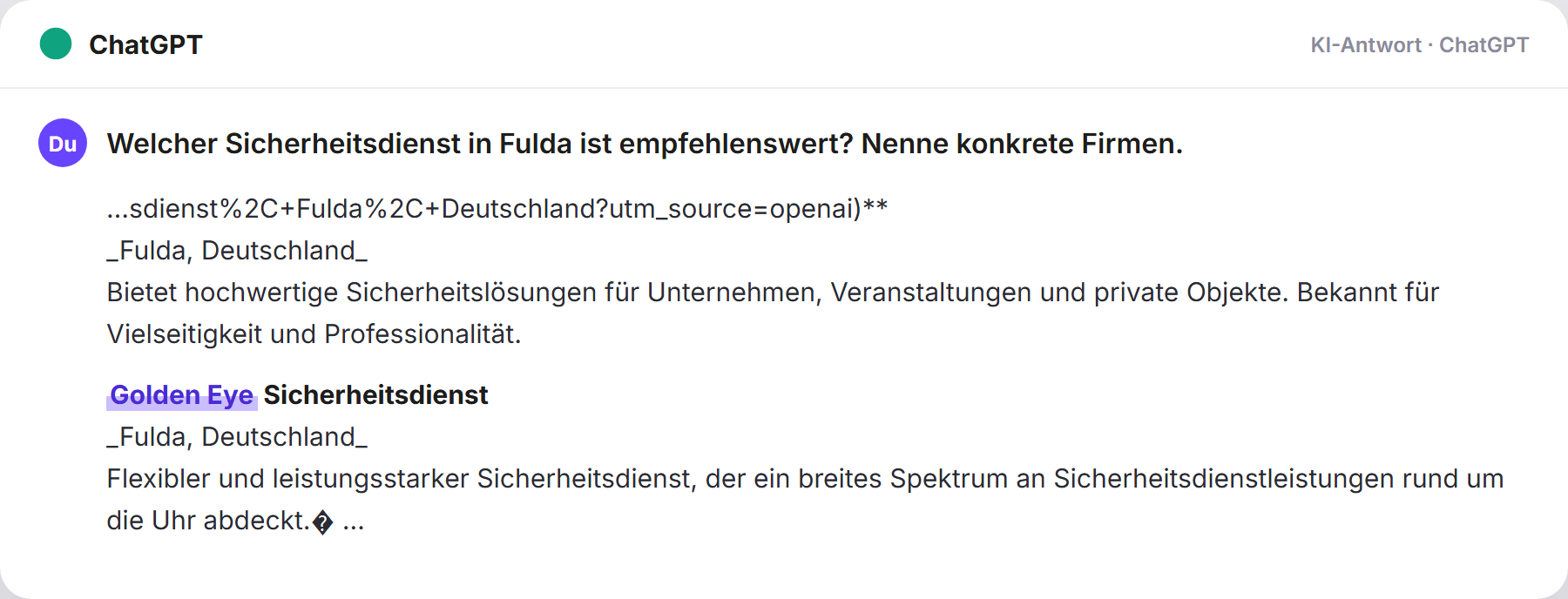 ChatGPT nennt Golden Eye: „Welcher Sicherheitsdienst in Fulda ist empfehlenswert? Nen…