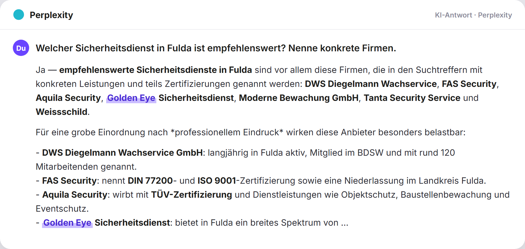 Perplexity nennt Golden Eye: „Welcher Sicherheitsdienst in Fulda ist empfehlenswert? Nen…
