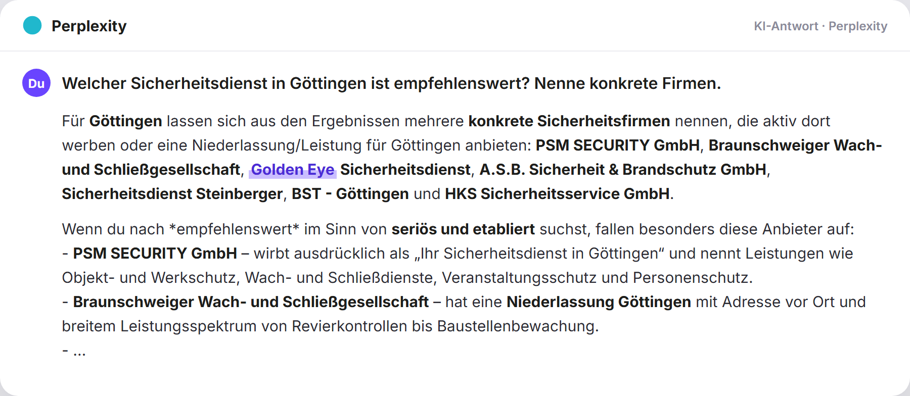 Perplexity nennt Golden Eye: „Welcher Sicherheitsdienst in Göttingen ist empfehlenswert?…