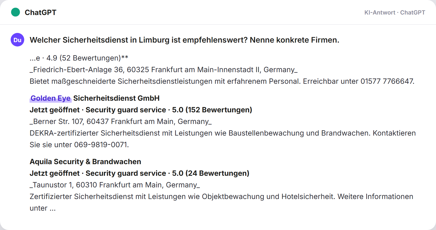 ChatGPT nennt Golden Eye: „Welcher Sicherheitsdienst in Limburg ist empfehlenswert? N…