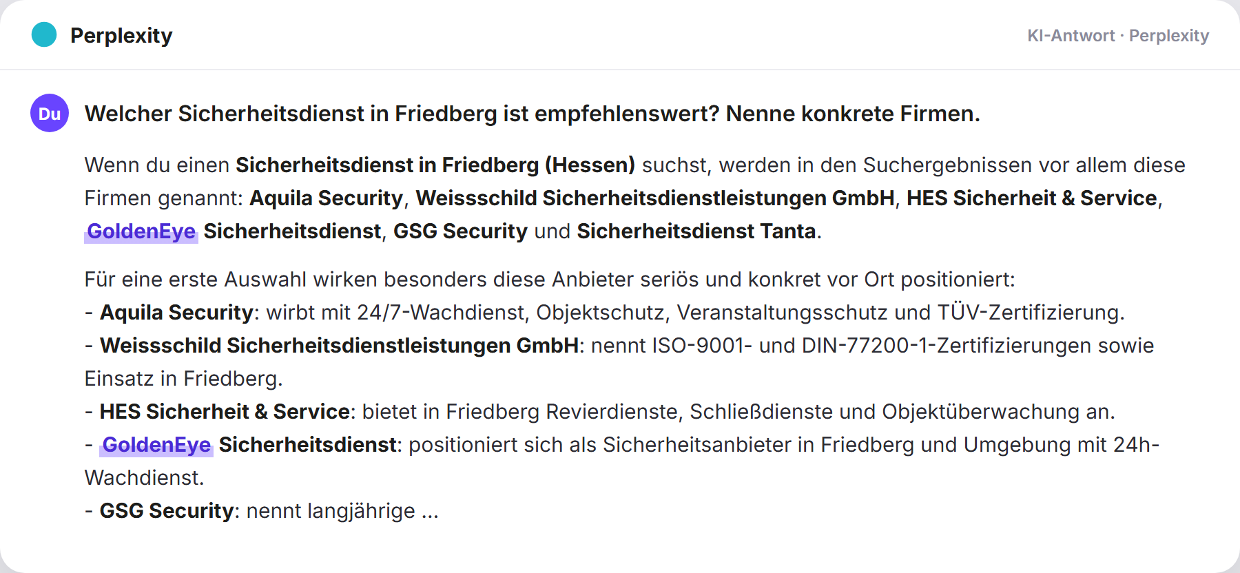 Perplexity nennt Golden Eye: „Welcher Sicherheitsdienst in Friedberg ist empfehlenswert?…