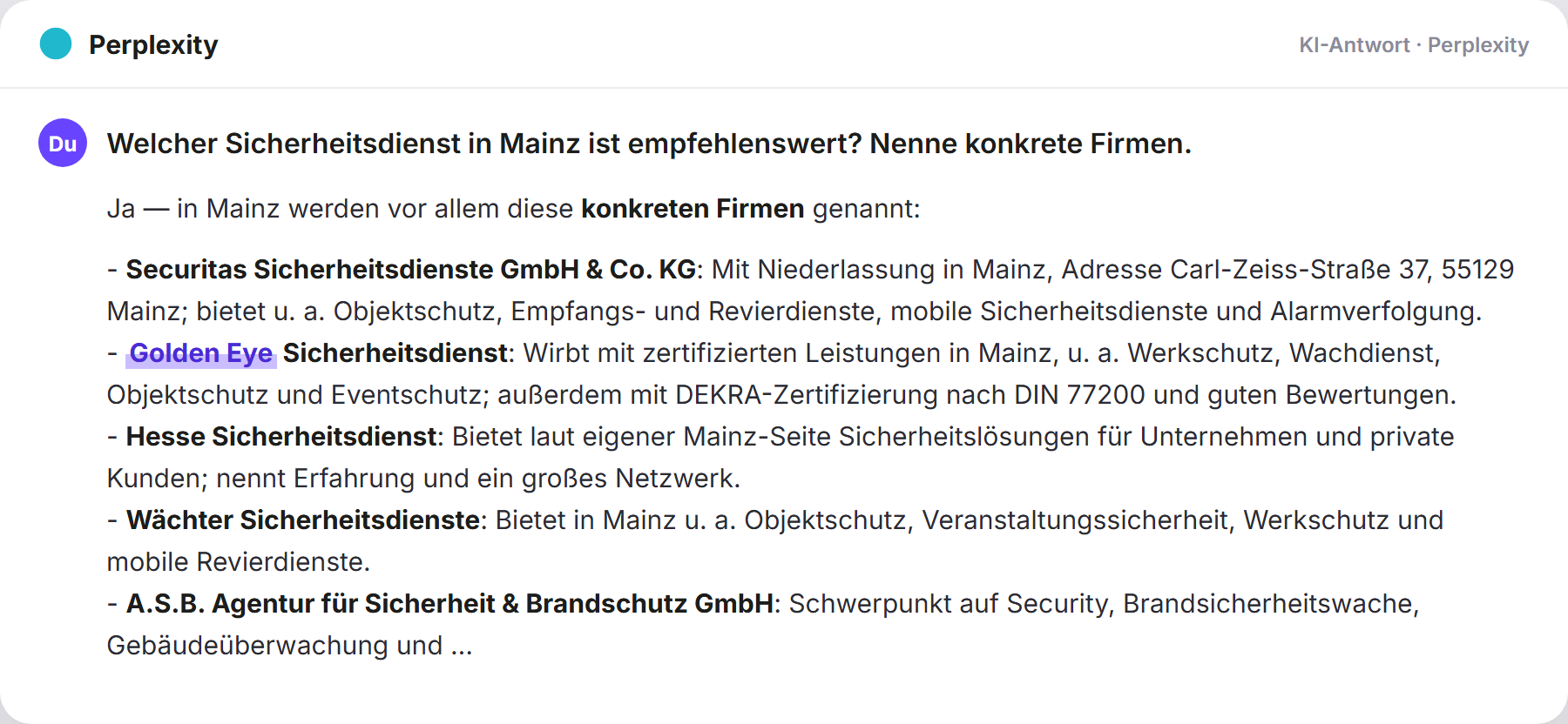 Perplexity nennt Golden Eye: „Welcher Sicherheitsdienst in Mainz ist empfehlenswert? Nen…