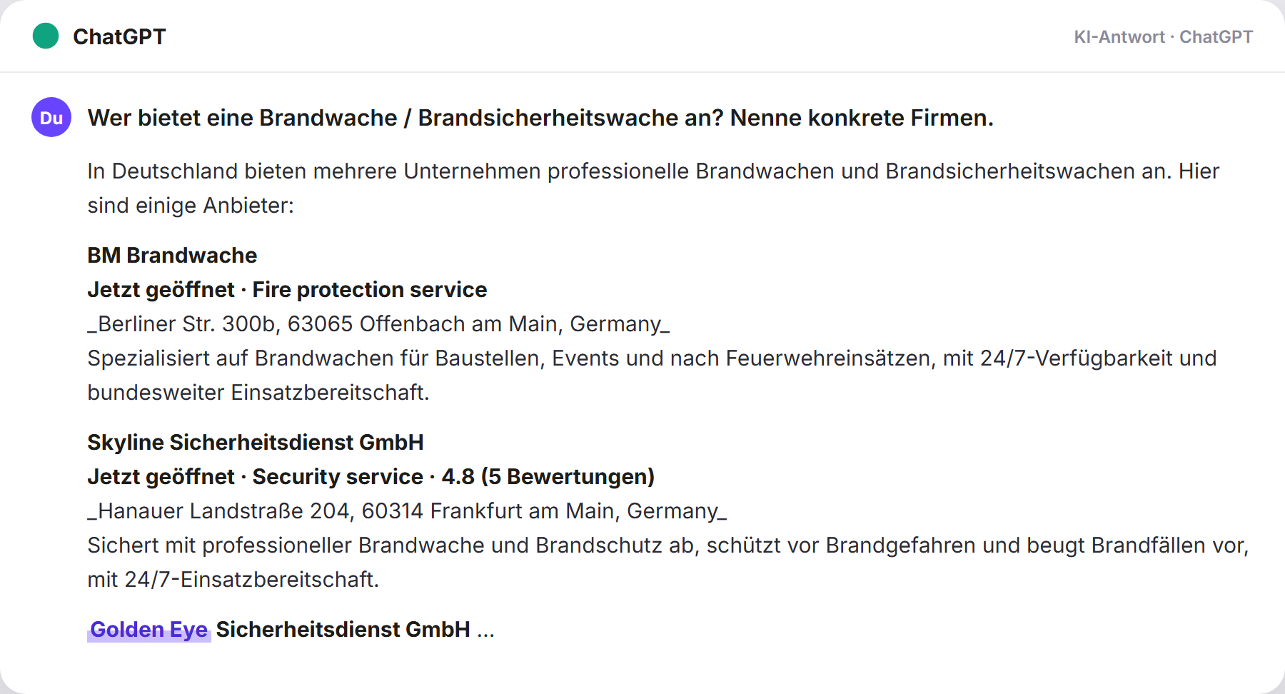 ChatGPT nennt Golden Eye: „Wer bietet eine Brandwache / Brandsicherheitswache an? Nen…