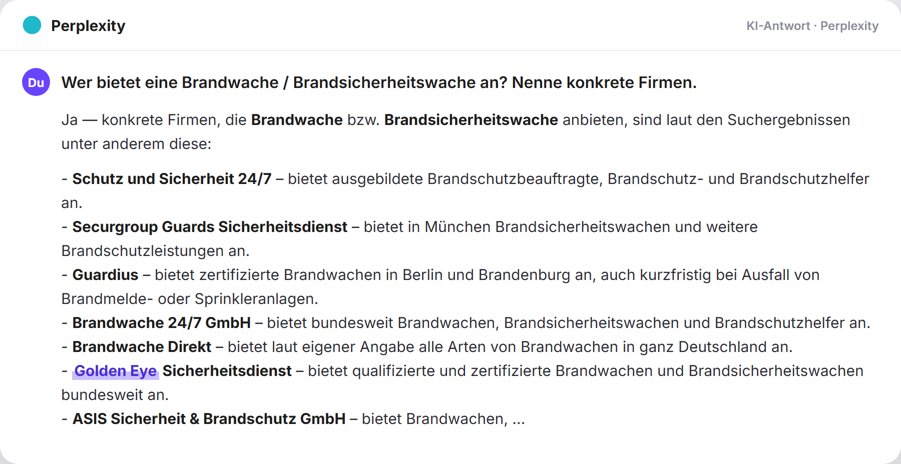 Perplexity nennt Golden Eye: „Wer bietet eine Brandwache / Brandsicherheitswache an? Nen…