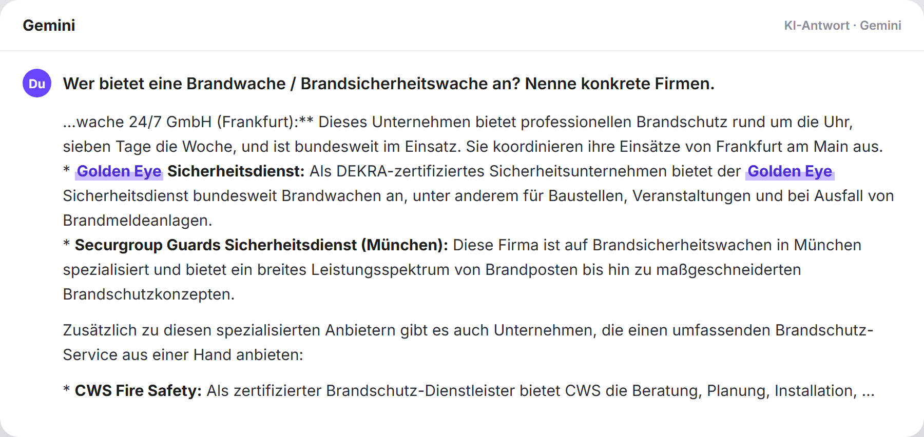 Gemini nennt Golden Eye: „Wer bietet eine Brandwache / Brandsicherheitswache an? Nen…