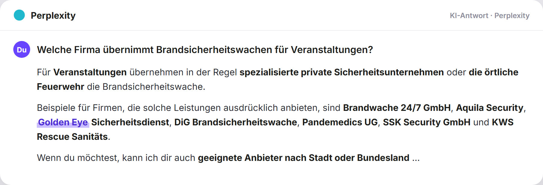 Perplexity nennt Golden Eye: „Welche Firma übernimmt Brandsicherheitswachen für Veransta…