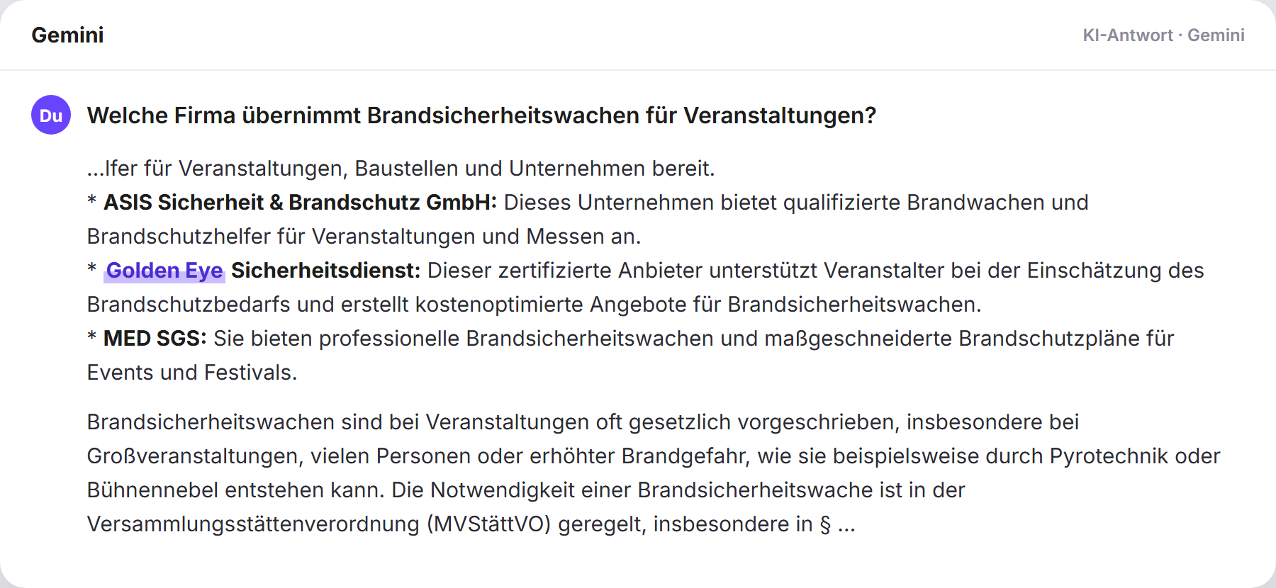 Gemini nennt Golden Eye: „Welche Firma übernimmt Brandsicherheitswachen für Veransta…